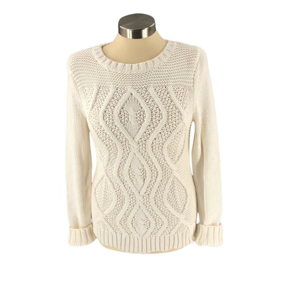 Lands End Womens Sweater Small 6-8 Ivory Pullover Rolled Cable Knit Long Sleeve